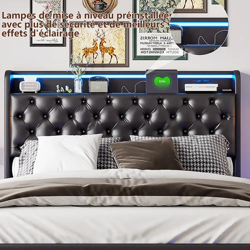 Simple Life Lit Coffre 160x200 cm PU Noir, LED, Charge USB, Rembourré, Rangement, Sommier à Lattes, Cadre, 2 Personnes* Lit Coffre