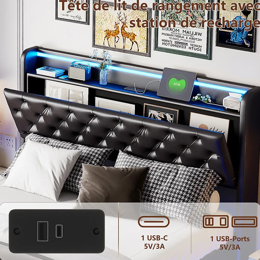 Simple Life Lit Coffre 160x200 cm PU Noir, LED, Charge USB, Rembourré, Rangement, Sommier à Lattes, Cadre, 2 Personnes* Lit Coffre