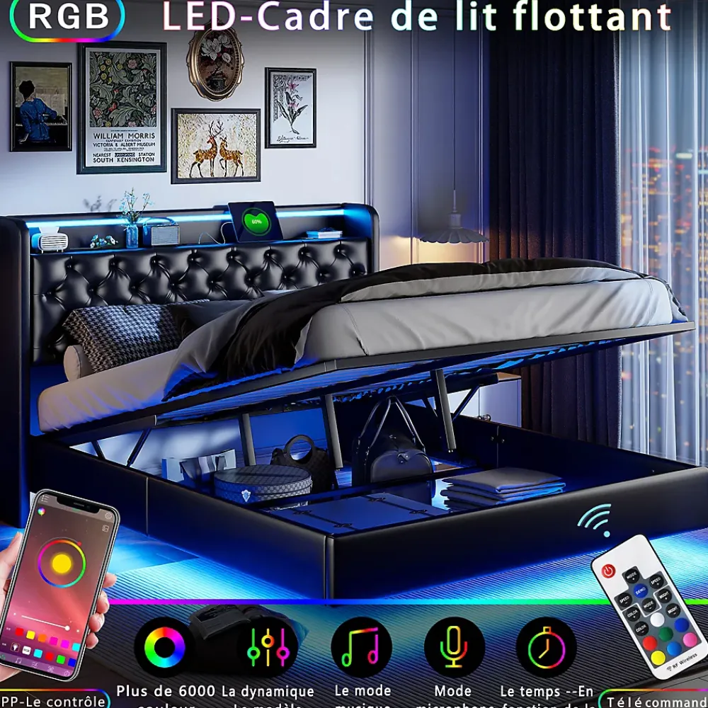 Simple Life Lit Coffre 160x200 cm PU Noir, LED, Charge USB, Rembourré, Rangement, Sommier à Lattes, Cadre, 2 Personnes* Lit Coffre