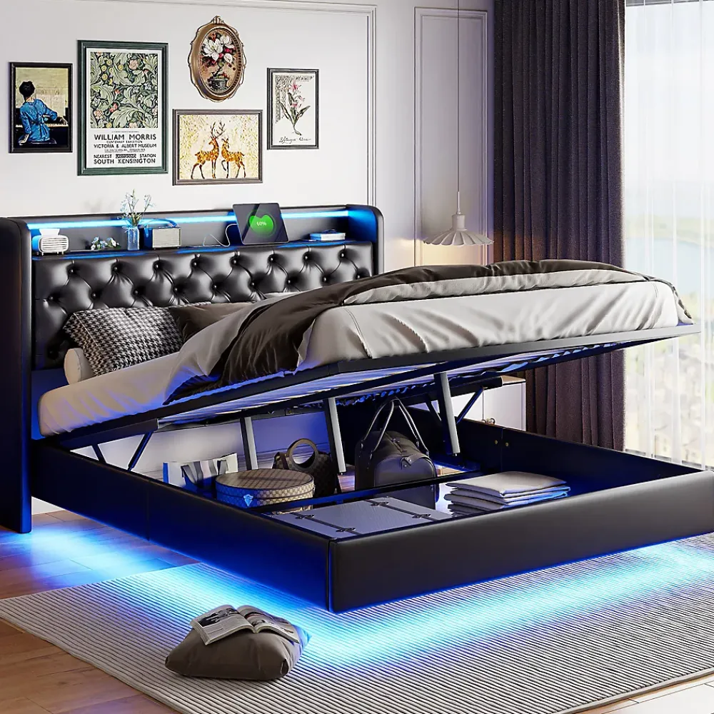 Simple Life Lit Coffre 160x200 cm PU Noir, LED, Charge USB, Rembourré, Rangement, Sommier à Lattes, Cadre, 2 Personnes* Lit Coffre