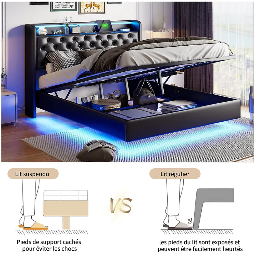 Simple Life Lit Coffre 160x200 cm PU Noir, LED, Charge USB, Rembourré, Rangement, Sommier à Lattes, Cadre, 2 Personnes* Lit Coffre