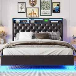 Simple Life Lit Coffre 160x200 cm PU Noir, LED, Charge USB, Rembourré, Rangement, Sommier à Lattes, Cadre, 2 Personnes* Lit Coffre