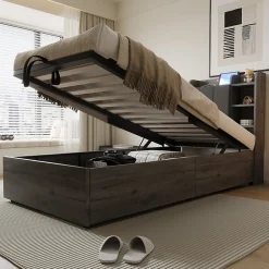 Lit Coffre 90x200 cm Simple avec Ports USB et Type-C Intégrés, Rangement Fonctionnel en Bois - Sans Matelas - Gris>Okwish Hot