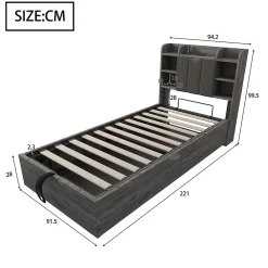 Lit Coffre 90x200 cm Simple avec Ports USB et Type-C Intégrés, Rangement Fonctionnel en Bois - Sans Matelas - Gris><noscript><img width=