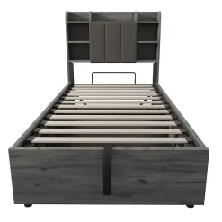 Lit Coffre 90x200 cm Simple avec Ports USB et Type-C Intégrés, Rangement Fonctionnel en Bois - Sans Matelas - Gris><noscript><img width=