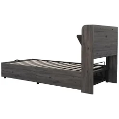 Lit Coffre 90x200 cm Simple avec Ports USB et Type-C Intégrés, Rangement Fonctionnel en Bois - Sans Matelas - Gris><noscript><img width=