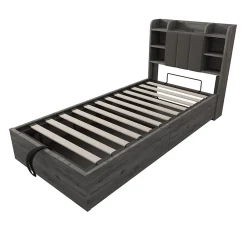 Lit Coffre 90x200 cm Simple avec Ports USB et Type-C Intégrés, Rangement Fonctionnel en Bois - Sans Matelas - Gris><noscript><img width=