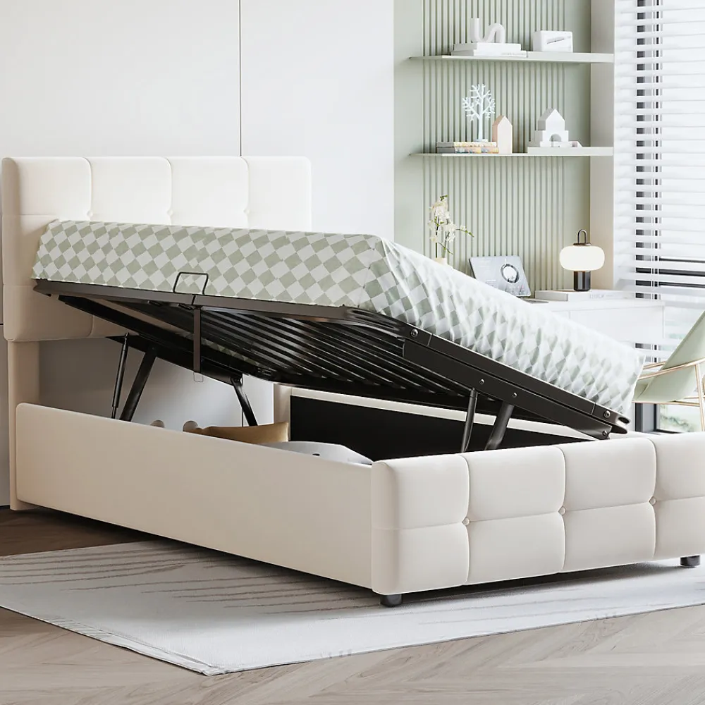 Lit Coffre 90x200 cm Simple Capitonné avec Coffre Hydraulique et Rangement, Lit Velours Beige avec Sommier à Lattes>Okwish Best