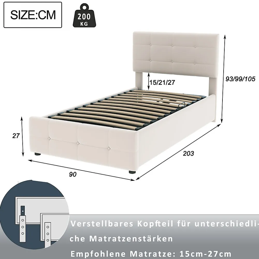 Lit Coffre 90x200 cm Simple Capitonné avec Coffre Hydraulique et Rangement, Lit Velours Beige avec Sommier à Lattes>Okwish Best