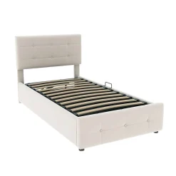 Lit Coffre 90x200 cm Simple Capitonné avec Coffre Hydraulique et Rangement, Lit Velours Beige avec Sommier à Lattes><noscript><img width=