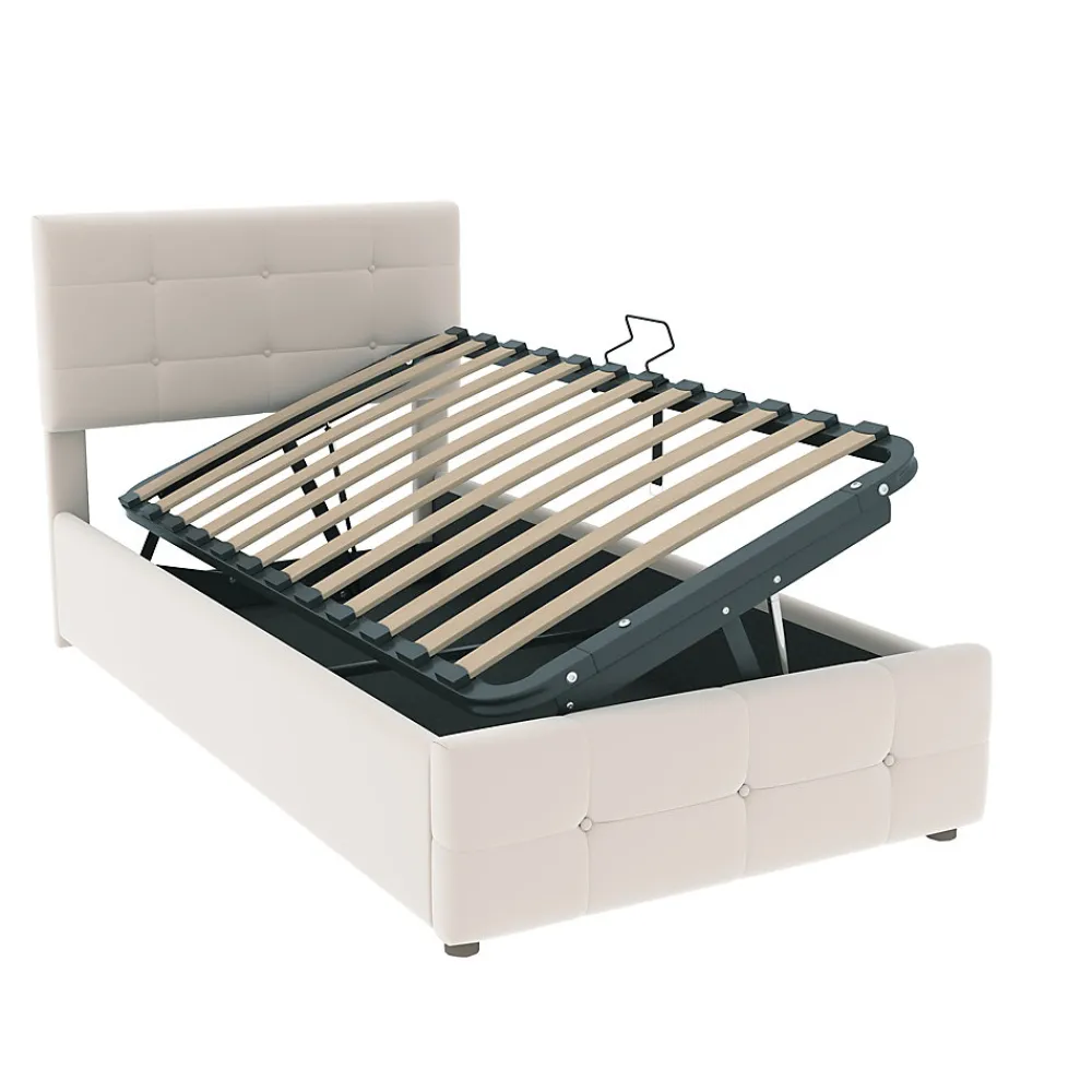 Lit Coffre 90x200 cm Simple Capitonné avec Coffre Hydraulique et Rangement, Lit Velours Beige avec Sommier à Lattes>Okwish Best