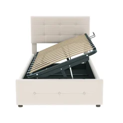 Lit Coffre 90x200 cm Simple Capitonné avec Coffre Hydraulique et Rangement, Lit Velours Beige avec Sommier à Lattes><noscript><img width=