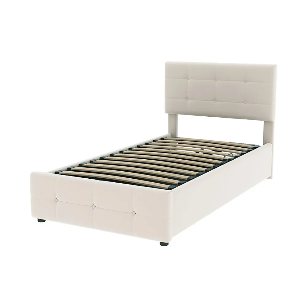 Lit Coffre 90x200 cm Simple Capitonné avec Coffre Hydraulique et Rangement, Lit Velours Beige avec Sommier à Lattes>Okwish Best