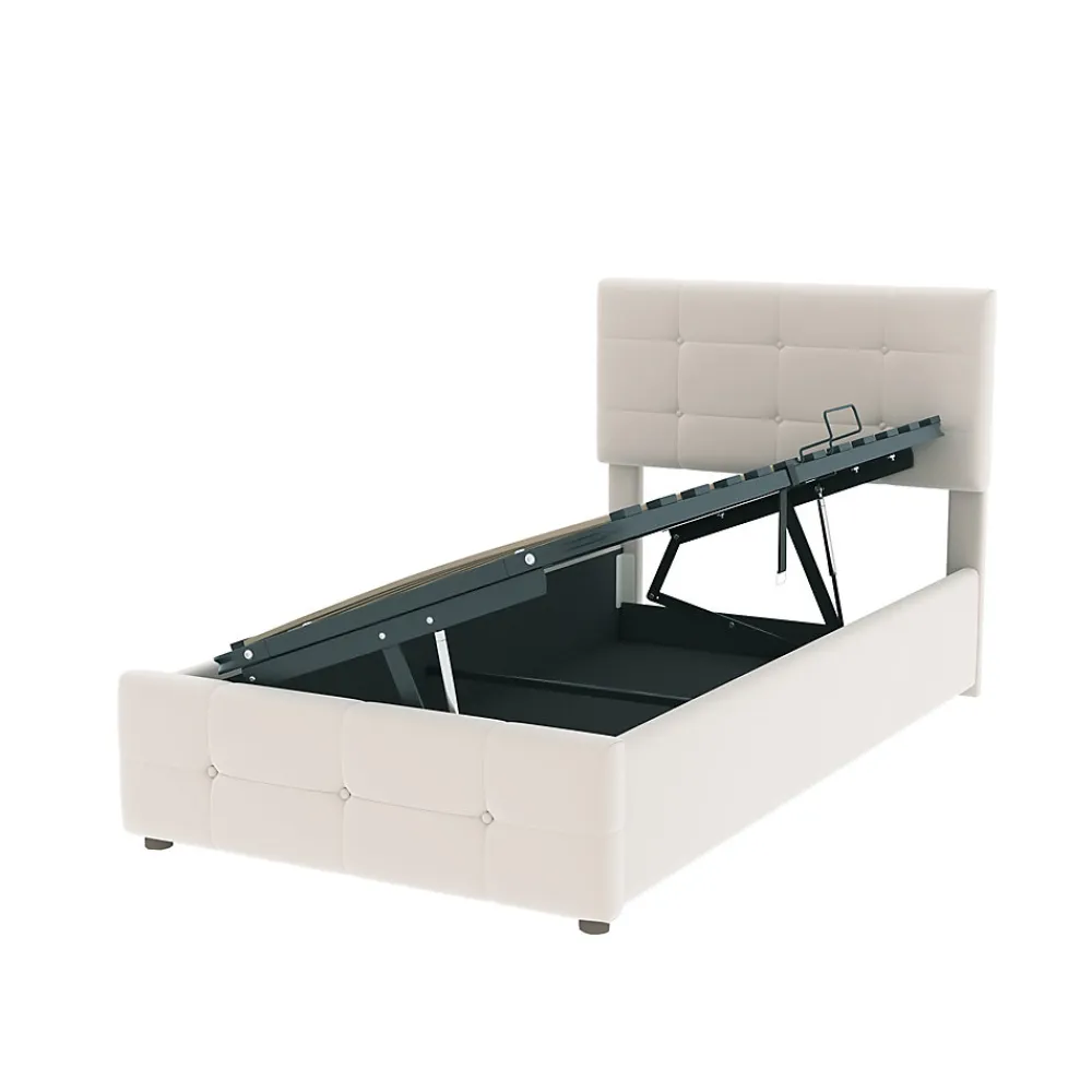 Lit Coffre 90x200 cm Simple Capitonné avec Coffre Hydraulique et Rangement, Lit Velours Beige avec Sommier à Lattes>Okwish Best