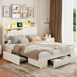 Lit coffre 140x190 cm, sommier, tiroirs, tête de lit rembourrée, LED, USB/Type-C, velours beige (2 personnes).>Simple Life