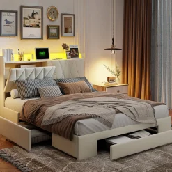Lit coffre 140x190 cm, sommier, tiroirs, tête de lit rembourrée, LED, USB/Type-C, velours beige (2 personnes).>Simple Life