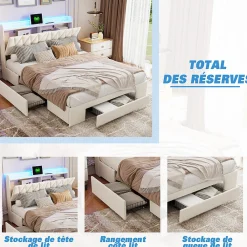 Lit coffre 140x190 cm, sommier, tiroirs, tête de lit rembourrée, LED, USB/Type-C, velours beige (2 personnes).><noscript><img width=