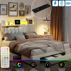 Lit coffre 140x190 cm, sommier, tiroirs, tête de lit rembourrée, LED, USB/Type-C, velours beige (2 personnes).><noscript><img width=