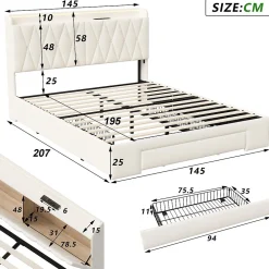 Lit coffre 140x190 cm, sommier, tiroirs, tête de lit rembourrée, LED, USB/Type-C, velours beige (2 personnes).><noscript><img width=