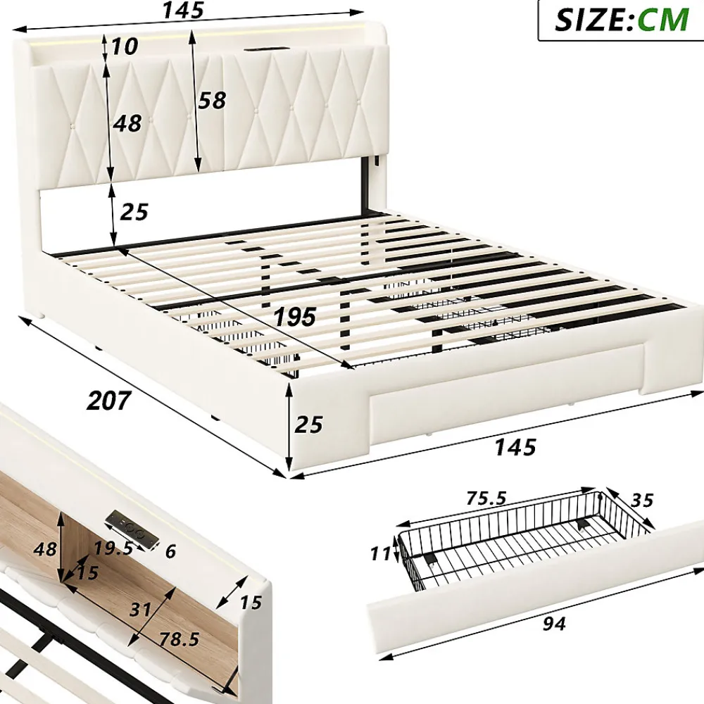 Lit coffre 140x190 cm, sommier, tiroirs, tête de lit rembourrée, LED, USB/Type-C, velours beige (2 personnes).>Simple Life