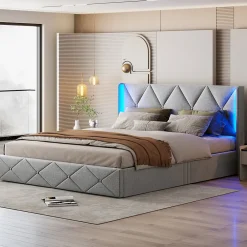 Lit Coffre 160x200 cm, Tête de lit avec LED, lit Double avec sommier à Lattes,Velours,Beige>Fortuna lai Sale