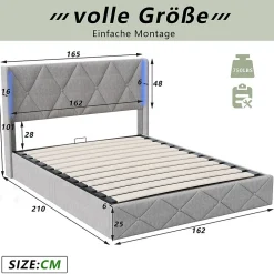 Lit Coffre 160x200 cm, Tête de lit avec LED, lit Double avec sommier à Lattes,Velours,Beige><noscript><img width=