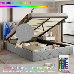 Lit Coffre 160x200 cm, Tête de lit avec LED, lit Double avec sommier à Lattes,Velours,Beige><noscript><img width=