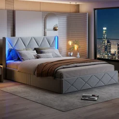 Lit Coffre 160x200 cm, Tête de lit avec LED, lit Double avec sommier à Lattes,Velours,Beige><noscript><img width=