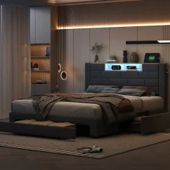 Lit coffre 160x200 cm velours gris, vérins hydrauliques, tête de lit LED 7 couleurs, ports USB/Type-C, tiroirs de rangement.><noscript><img width=