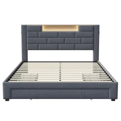 Lit coffre 160x200 cm velours gris, vérins hydrauliques, tête de lit LED 7 couleurs, ports USB/Type-C, tiroirs de rangement.><noscript><img width=