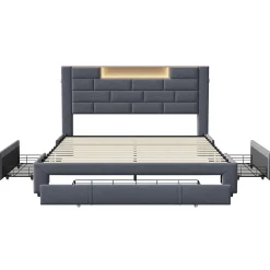 Lit coffre 160x200 cm velours gris, vérins hydrauliques, tête de lit LED 7 couleurs, ports USB/Type-C, tiroirs de rangement.><noscript><img width=