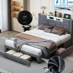 Lit coffre 160x200 cm velours gris, vérins hydrauliques, tête de lit LED 7 couleurs, ports USB/Type-C, tiroirs de rangement.><noscript><img width=