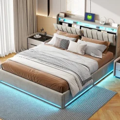 Simple Life Lit Coffre 160x200 cm Velours Gris, LED, Charge USB, Rembourré, Rangement, Tête de lit, Sommier à Lattes, 2 Personnes* Lit Coffre