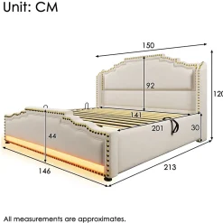 Gutent Lit coffre 140x200, Lit double avec espace de rangement hydraulique, lit de rangement et lit pour adolescent, Beige, sans matelas* Lit Coffre
