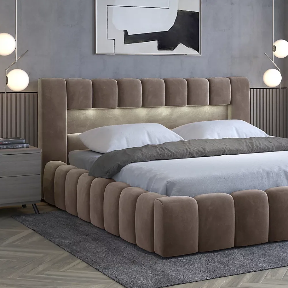Petits-Meubles Lit coffre 160x200 sommier inclus Auria Velours Marron* Lit Coffre