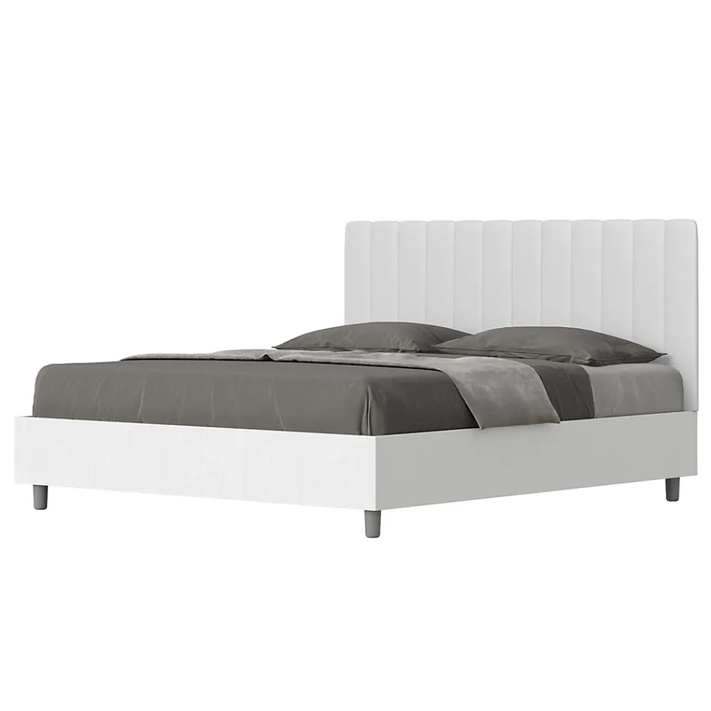 Ityhome Lit coffre 160x200 structure frêne blanc tête de lit mélamine blanc/simili cuir Kaia* Lit Coffre