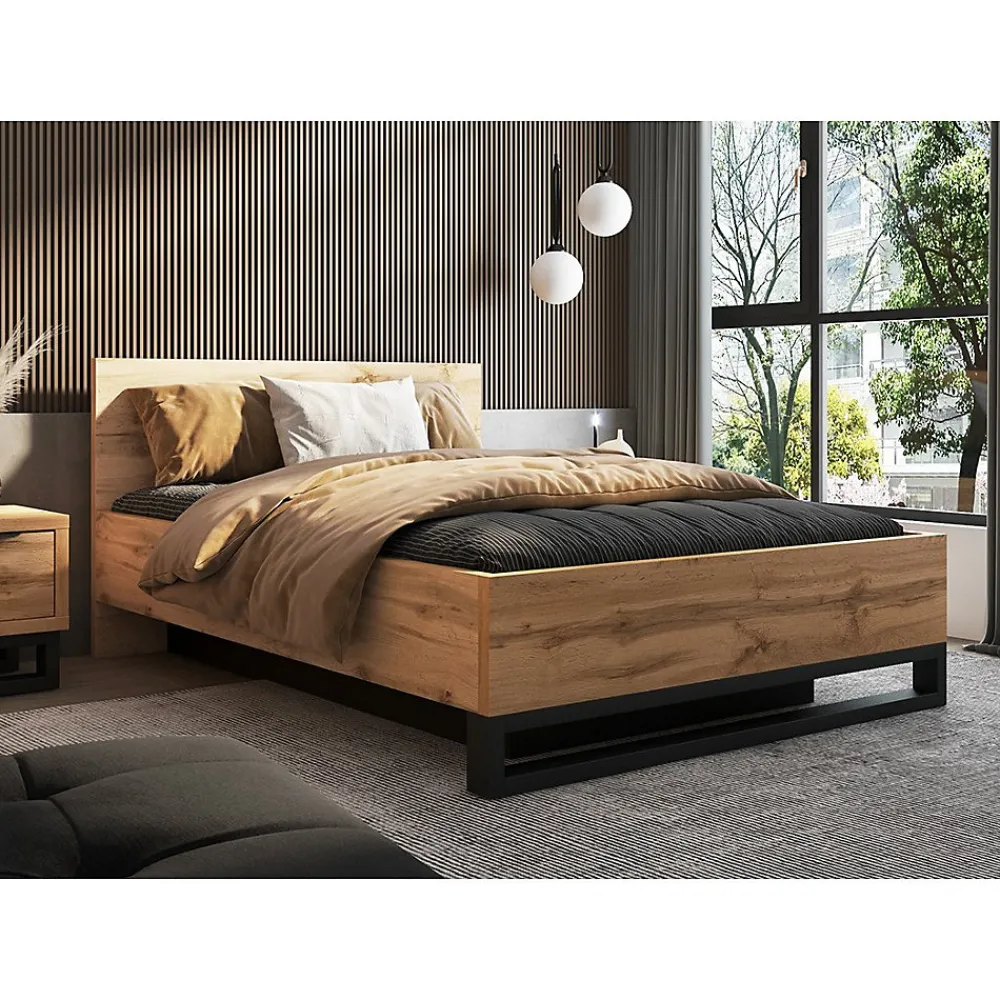 Lit coffre 160x200 style industriel - Collection MILOS. Coloris chene brut et noir.>Meublorama Hot
