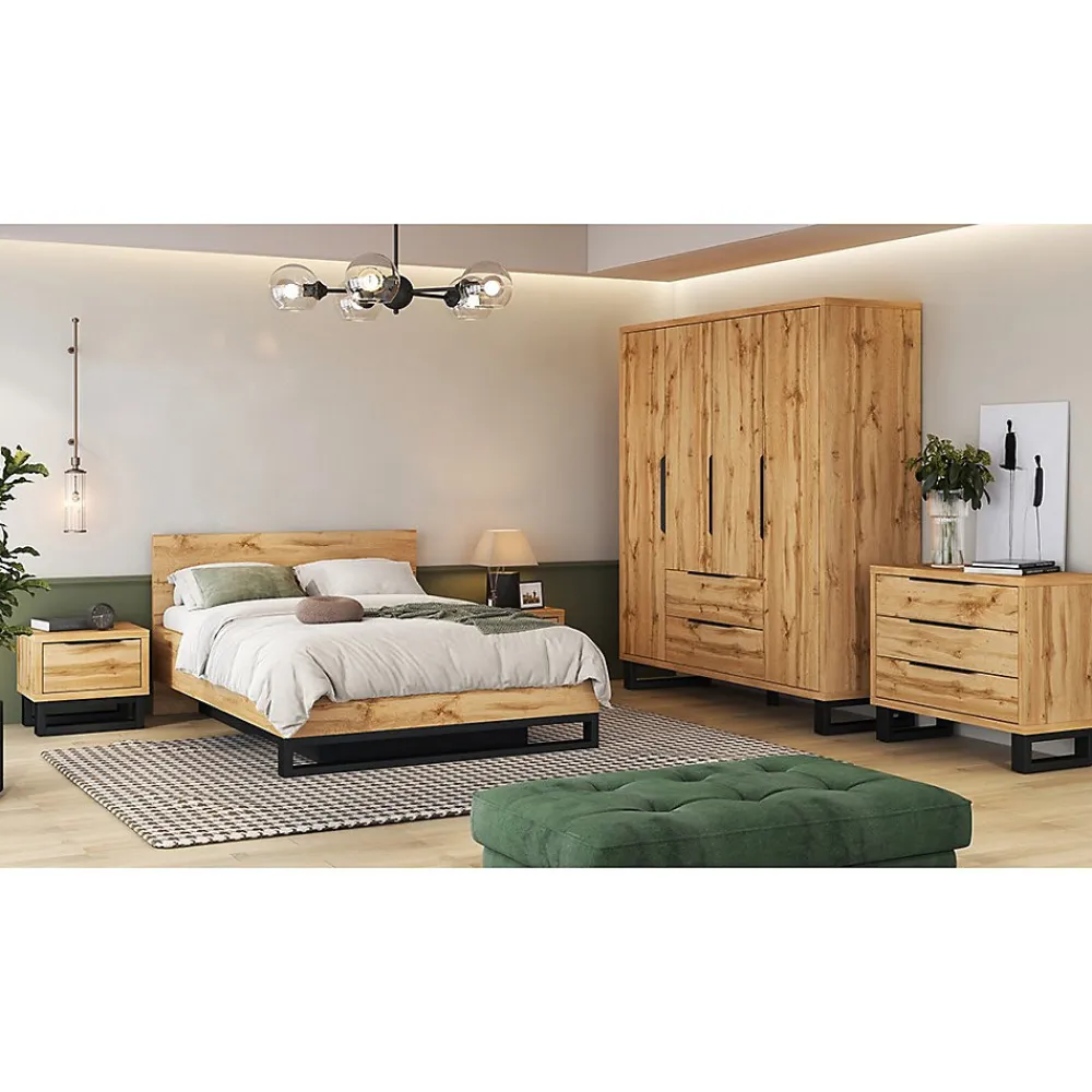 Lit coffre 160x200 style industriel - Collection MILOS. Coloris chene brut et noir.>Meublorama Hot