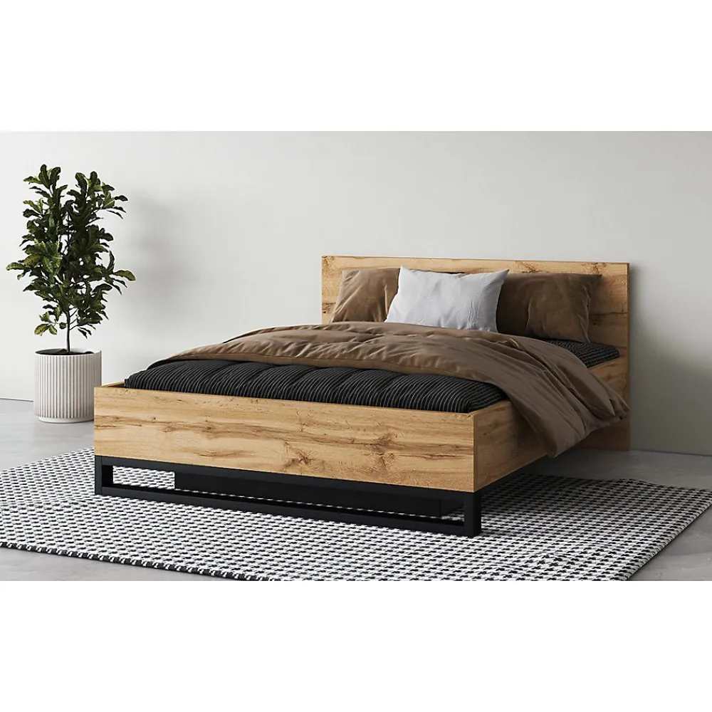 Lit coffre 160x200 style industriel - Collection MILOS. Coloris chene brut et noir.>Meublorama Hot