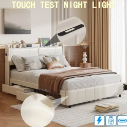 Simple Life Lit Coffre 160x200cm avec 4 tiroirs et USB et Type-C, Lit Double avec Sommier à Lattes, PU* Lit Coffre