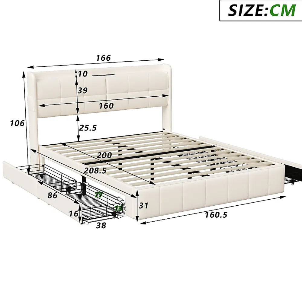 Simple Life Lit Coffre 160x200cm avec 4 tiroirs et USB et Type-C, Lit Double avec Sommier à Lattes, PU* Lit Coffre