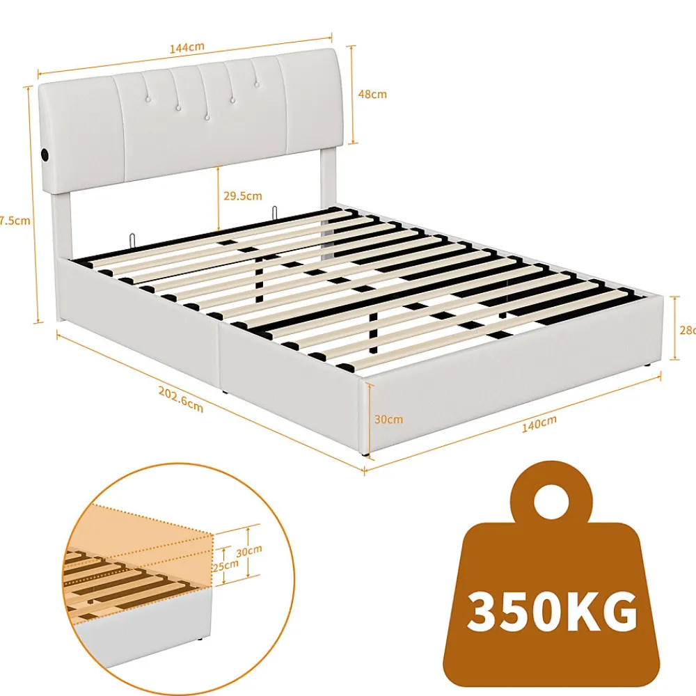 Lit coffre 140x190cm avec compartiments de rangement et prise électrique ,tête de lit réglable>Fortuna lai Best