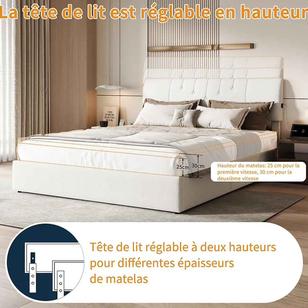 Lit coffre 140x190cm avec compartiments de rangement et prise électrique ,tête de lit réglable>Fortuna lai Best