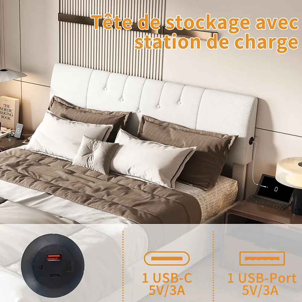 Lit coffre 140x190cm avec compartiments de rangement et prise électrique ,tête de lit réglable>Fortuna lai Best