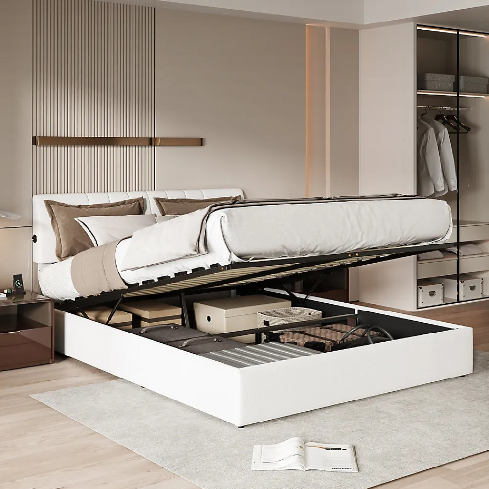 Lit coffre 140x190cm avec compartiments de rangement et prise électrique ,tête de lit réglable>Fortuna lai Best