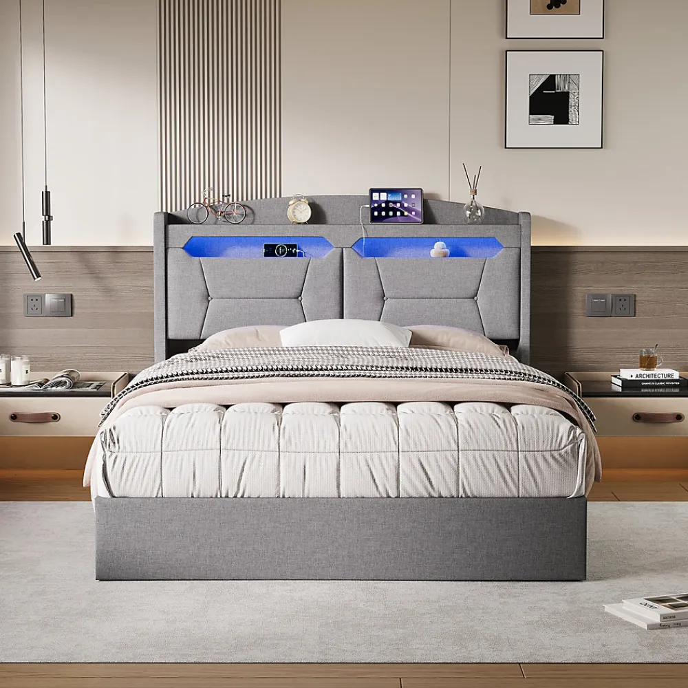 Lit coffre 140x200cm avec LED et ports USB, tête de lit rembourrée et espace de rangement, gris, lin>Fortuna lai Hot