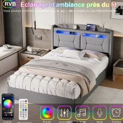 Lit coffre 140x200cm avec LED et ports USB, tête de lit rembourrée et espace de rangement, gris, lin><noscript><img width=