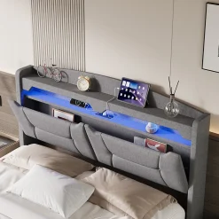 Lit coffre 140x200cm avec LED et ports USB, tête de lit rembourrée et espace de rangement, gris, lin><noscript><img width=