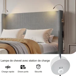 Lit Coffre 140X200cm avec LED et USB, Cadre de lit capitonné en Velours cotelé,gris><noscript><img width=