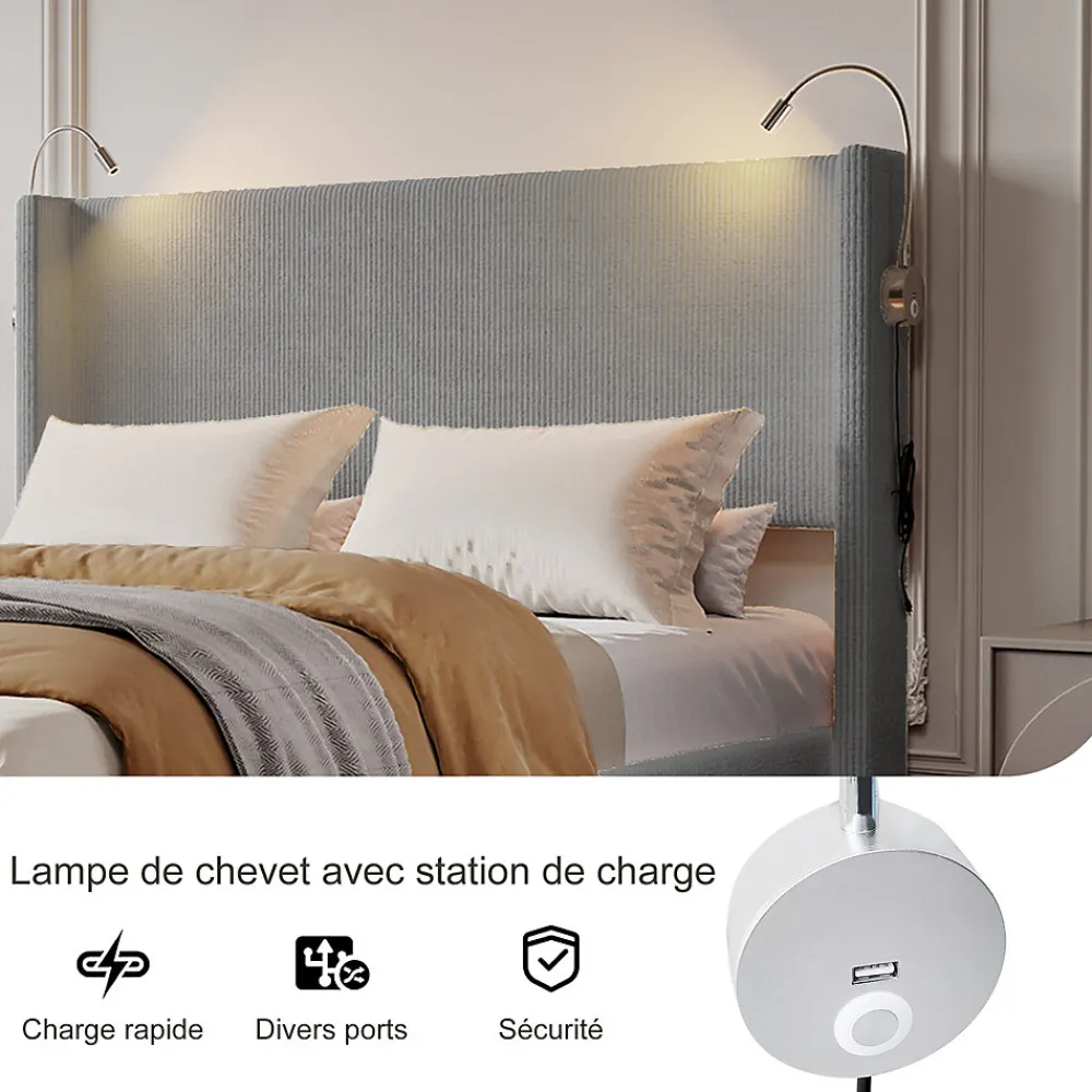 Lit Coffre 140X200cm avec LED et USB, Cadre de lit capitonné en Velours cotelé,gris>Fortuna lai New